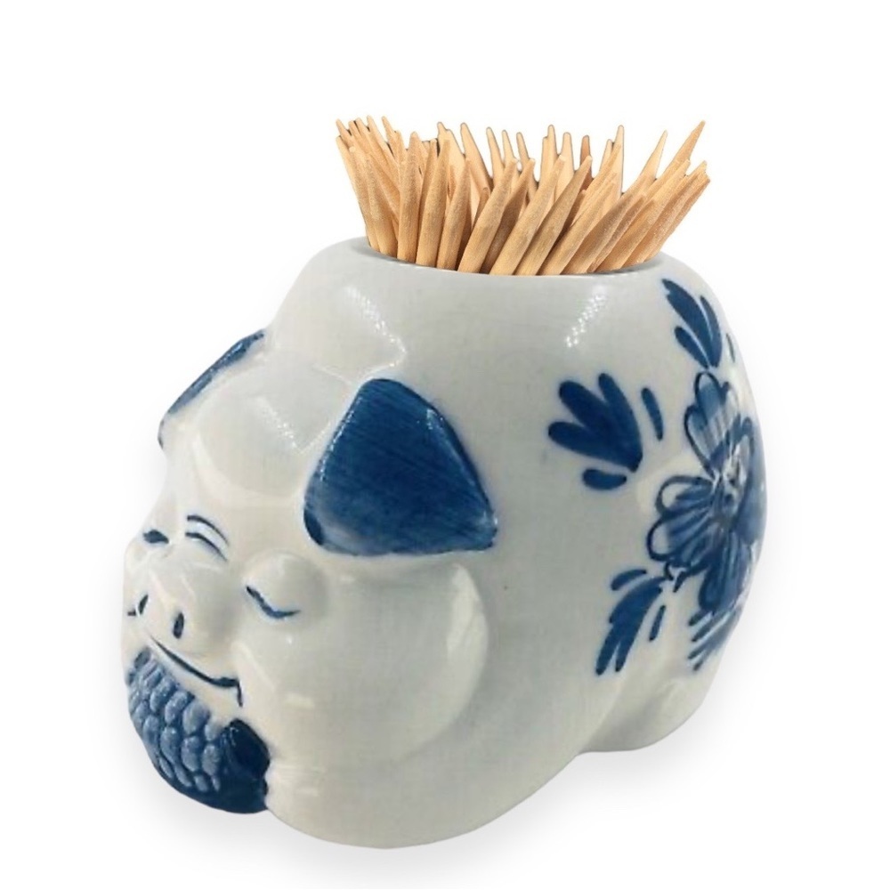 Delft Blue Porcelain Pig Toothpick Holder Hand Painted‎ Figurine Vintage 1984